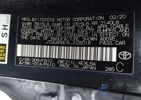 2020 Toyota Corolla Hybrid Le z USA, uszkodzony, nr VIN JTDEBRBE9LJ028018